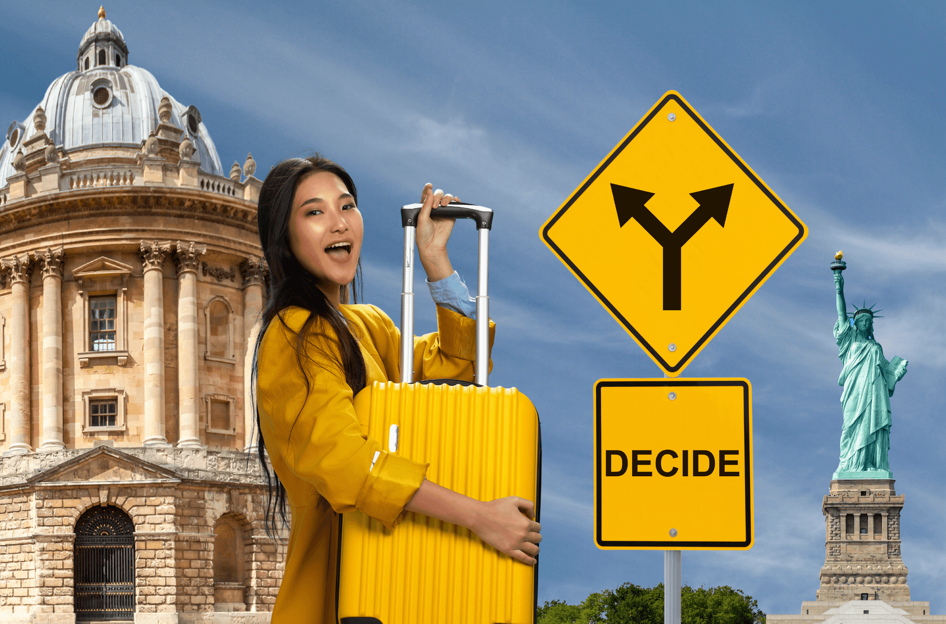 Girl with a suitcase near a sign that says “Decide”